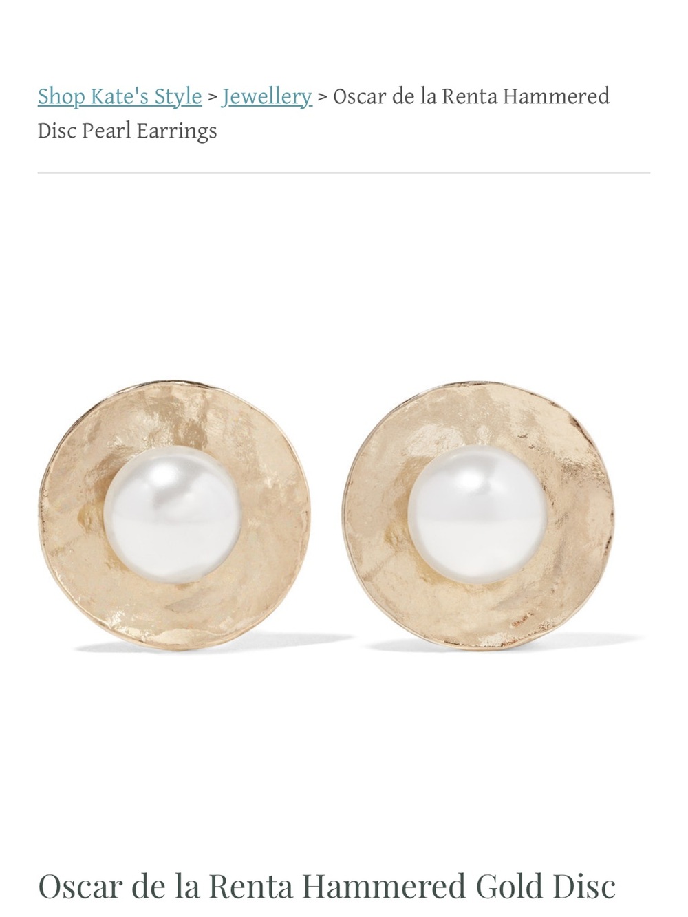 ASO Duchess Kate Oscar de la Renta Hammered Gold Disc Pearl Stud Earrings
